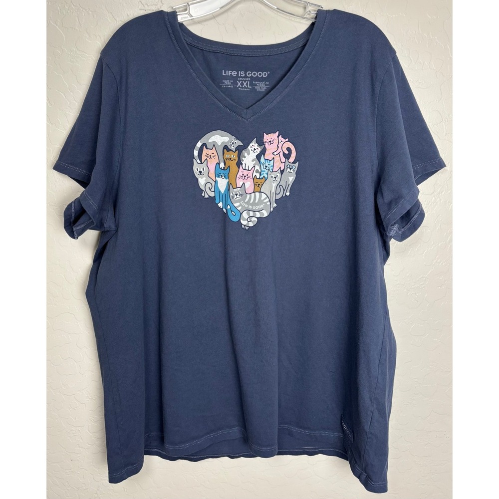 Life is Good Womens XXL Crusher V-Neck T-Shirt Blue Cat Heart Graphic 2369